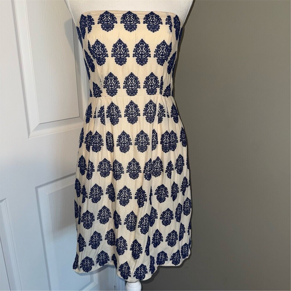 J.Crew Embroidered Womens Size 2/4 Ivory Navy Strapless Dress Coastal Preppy